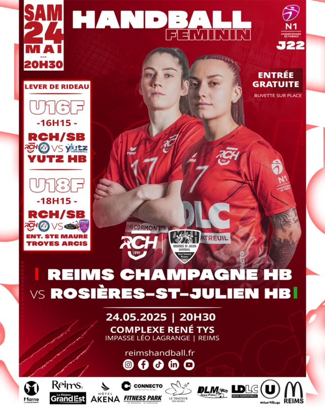 🔥 𝗧𝗛𝗘 𝗟𝗔𝗦𝗧 𝗗𝗔𝗡𝗖𝗘 🔥

C’est le moment de clore cette saison 2024/2025 tous ENSEMBLE ! 💪

Nos Panthères disputeront leur dernier match de la saison à domicile face à Rosières Saint-Julien HB, pour un derby ChampArdennais qui s’annonce intense. 💥

📍 Nationale 1 - Journée 22
📅 Samedi 24 mai à 20h30
🏟 Complexe René Tys – Reims

Avant cela, place à la relève avec deux matchs en lever de rideau :

🕓 16h15 : U16F RCH/Saint-Brice vs Yutz HB
🕕 18h15 : U18F RCH/Saint-Brice vs Entente Sainte-Maure-Troyes/Arcis

🎟 Entrée gratuite
🍻 Buvette sur place

Comptant sur votre présence pour soutenir une dernière fois nos joueuses, partager ce moment de convivialité et faire de cette der' un vrai temps fort 🤩

𝗧𝗼𝘂𝘀 𝗲𝗻𝘀𝗲𝗺𝗯𝗹𝗲 𝗱𝗲𝗿𝗿𝗶𝗲̀𝗿𝗲 𝗹𝗲𝘀 𝗣𝗮𝗻𝘁𝗵𝗲̀𝗿𝗲𝘀 ! 🔴⚫

 #RCH #Pantheres #HandballReims #Matchday #marne #grandest #derby #aube